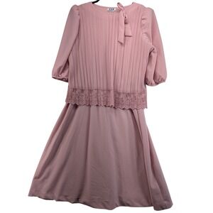 Cue Fashions Vintage Pink Pleated Lace Trim‎ Midi Dress 16W Made in USA Pussybow